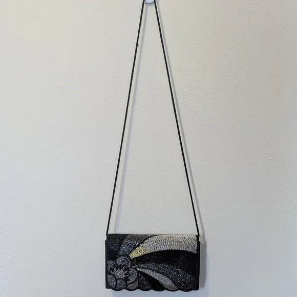 70s-80s Elegant Black and Silver Beaded Evening Bag/Clutch - Picture 3 of 8
